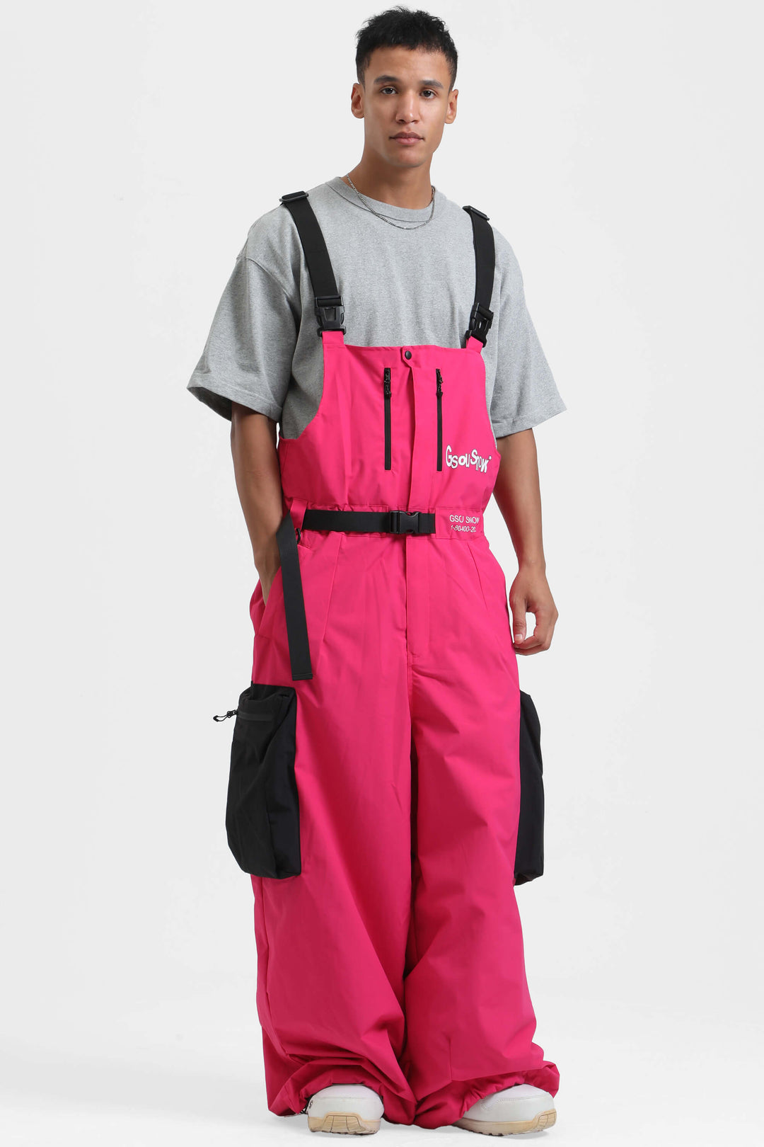 Men's Hot Pink Workwear Style Built-in Belt Super Snow Bibs