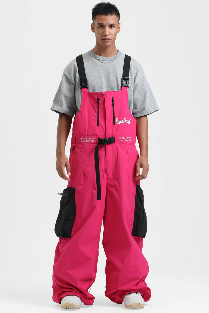 Men's Hot Pink Workwear Style Built-in Belt Super Snow Bibs