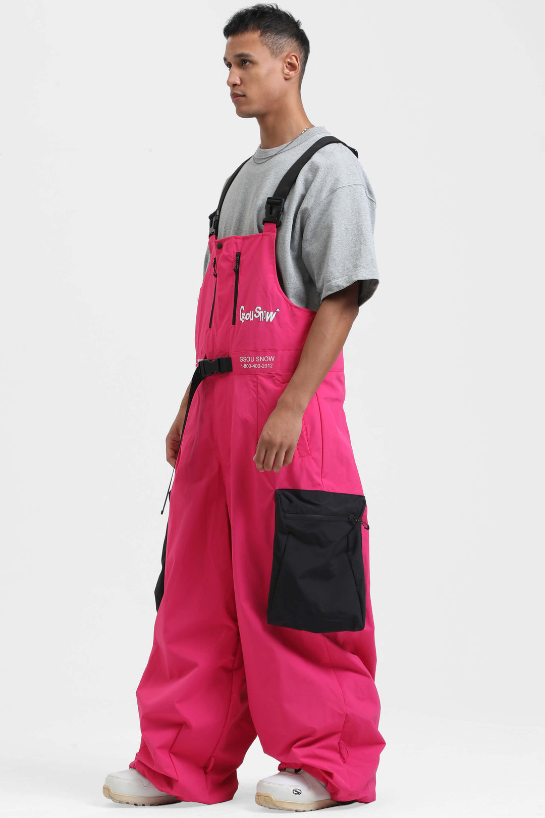 Men's Hot Pink Workwear Style Built-in Belt Super Snow Bibs