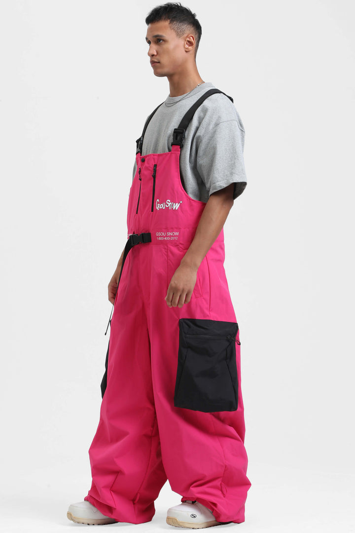 Black Workwear Style Built-in Belt Super Baggy Snow Bibs