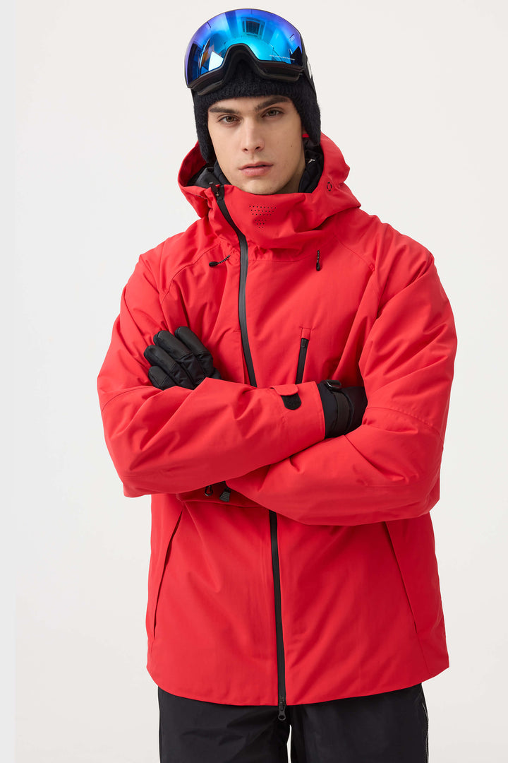 Men's Neon Red Face Vented Multi-pocket Fully Waterproof Snow Jacket