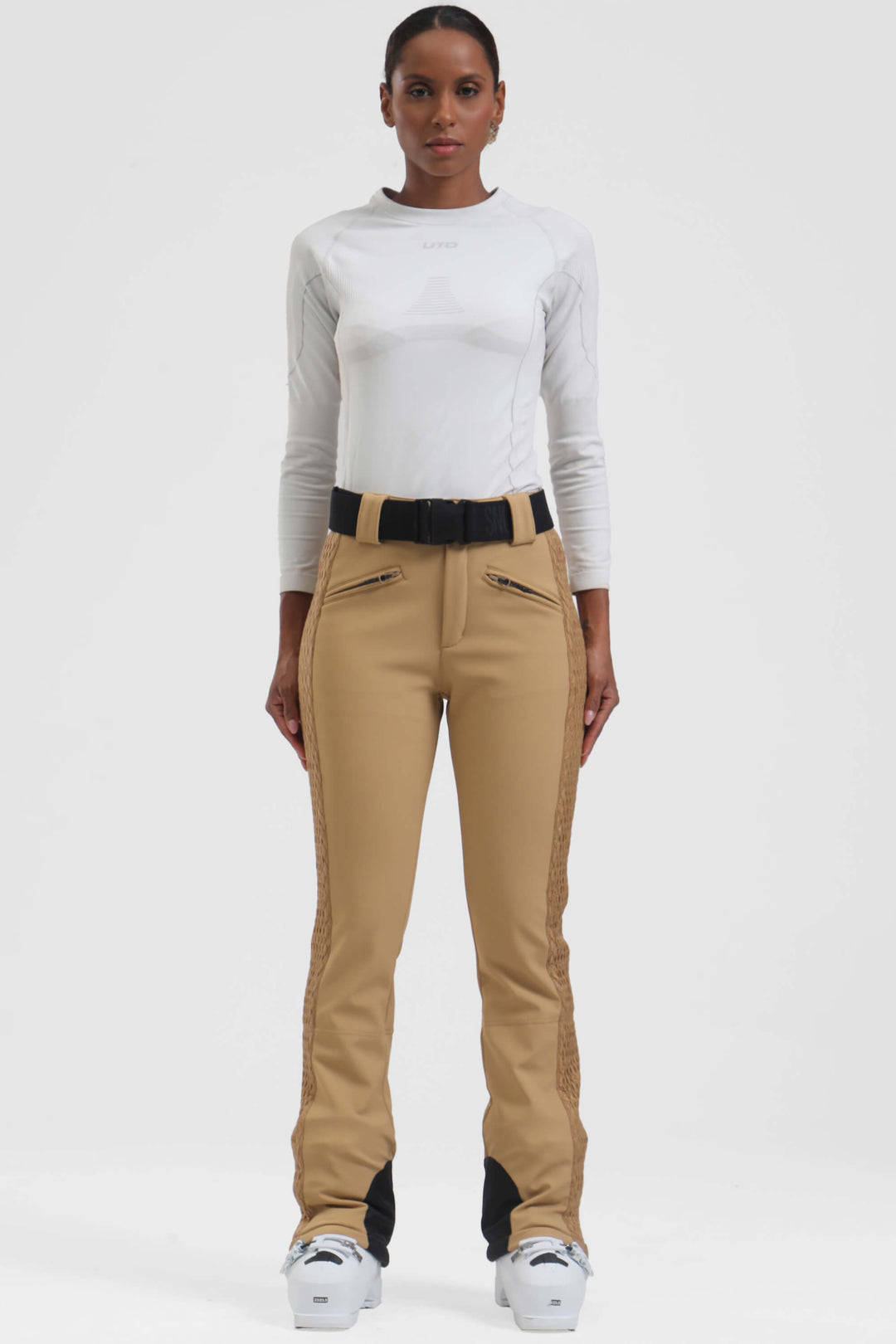 Women's Khaki Wearable Padded Stretch Slim Fit Ski Pants