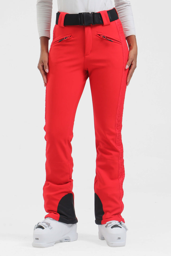 Women's Neon Red Wearable Padded Stretch Slim Fit Ski Pants