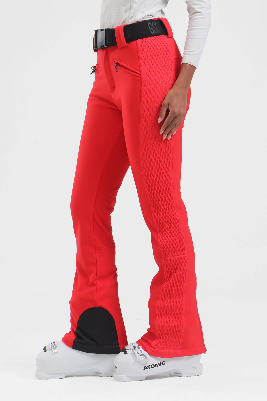 Women's Neon Red Wearable Padded Stretch Slim Fit Ski Pants