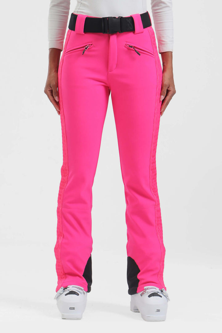 Women's Neon Red Wearable Padded Stretch Slim Fit Ski Pants