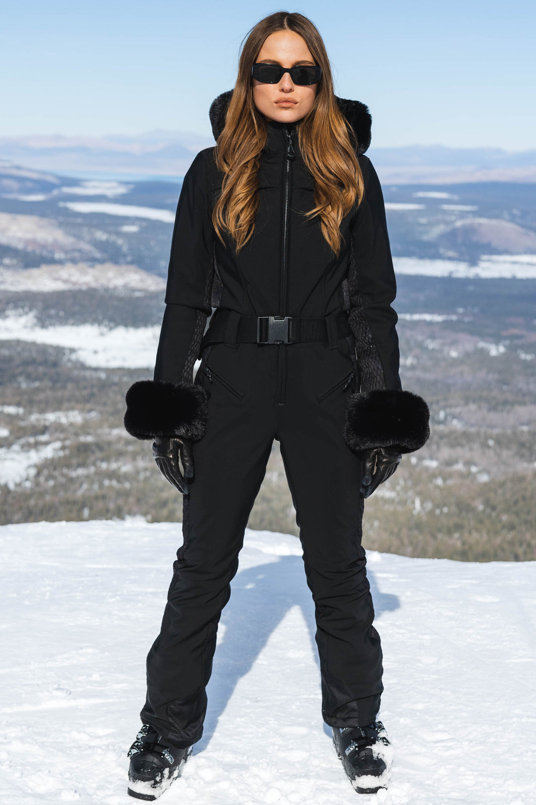 Women's Black Faux Fur Shirred Waterproof One-Piece Ski Suit