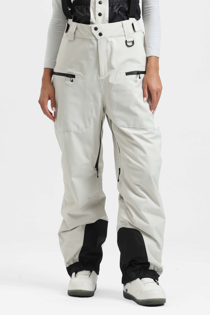 Women's White Insulated Baggy Snow Pants With Detachable Suspenders