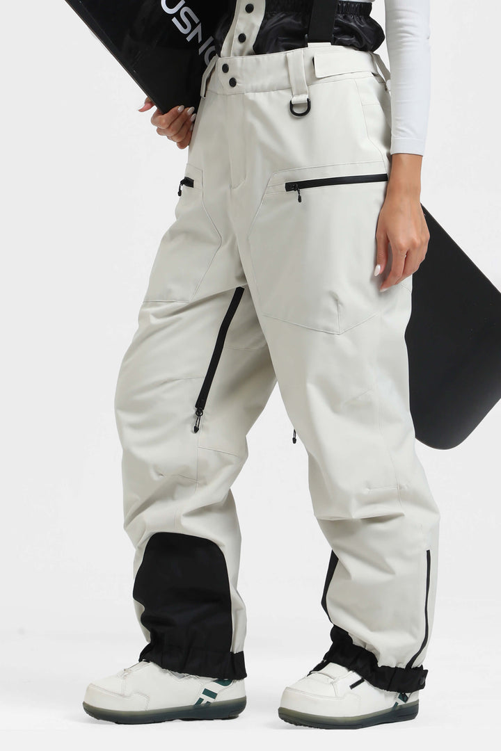 Women's White Insulated Baggy Snow Pants With Detachable Suspenders