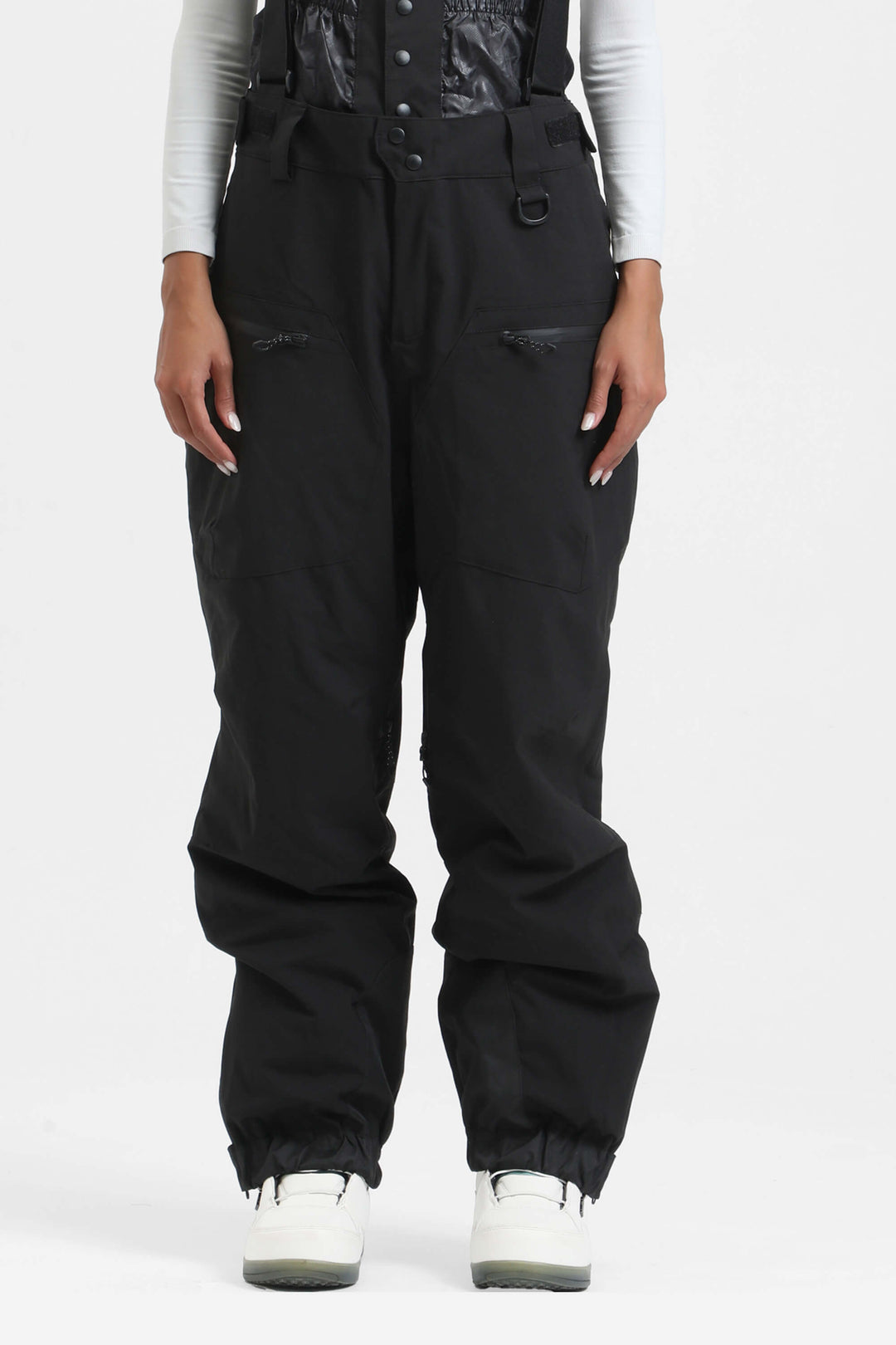 Women's Off White Insulated Baggy Snow Pants With Detachable Suspenders