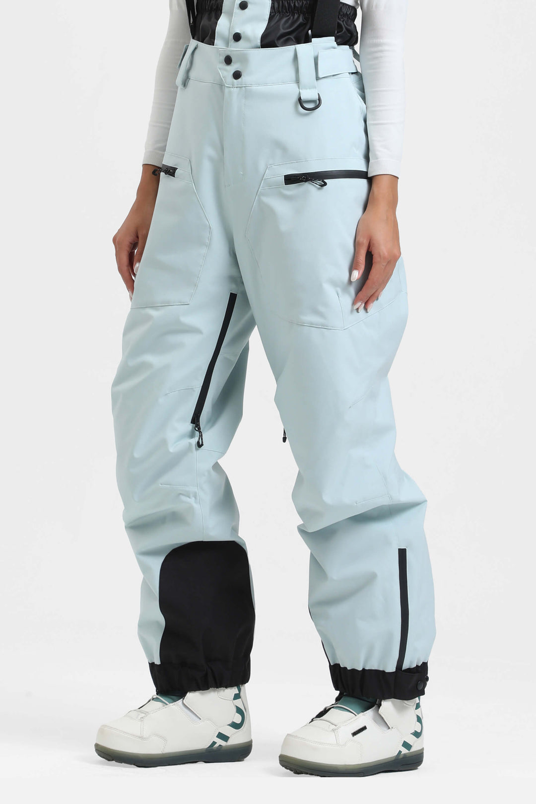 Women's Off White Insulated Baggy Snow Pants With Detachable Suspenders