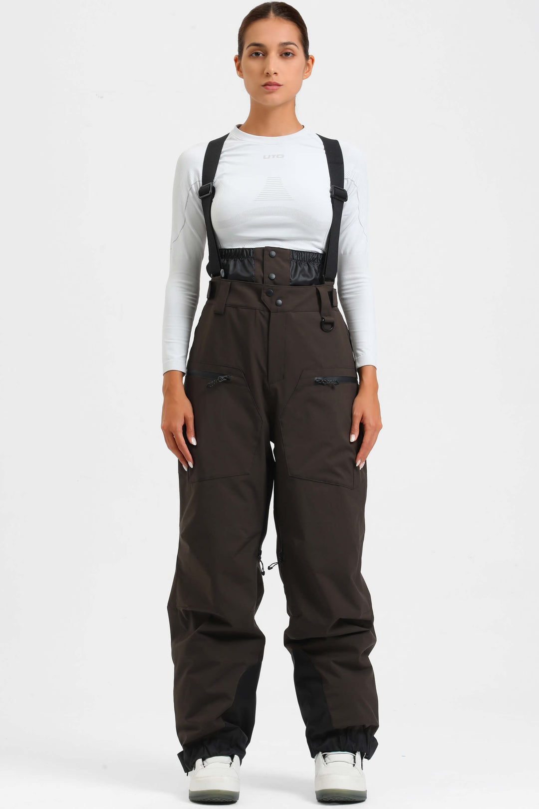 Women's Off White Insulated Baggy Snow Pants With Detachable Suspenders