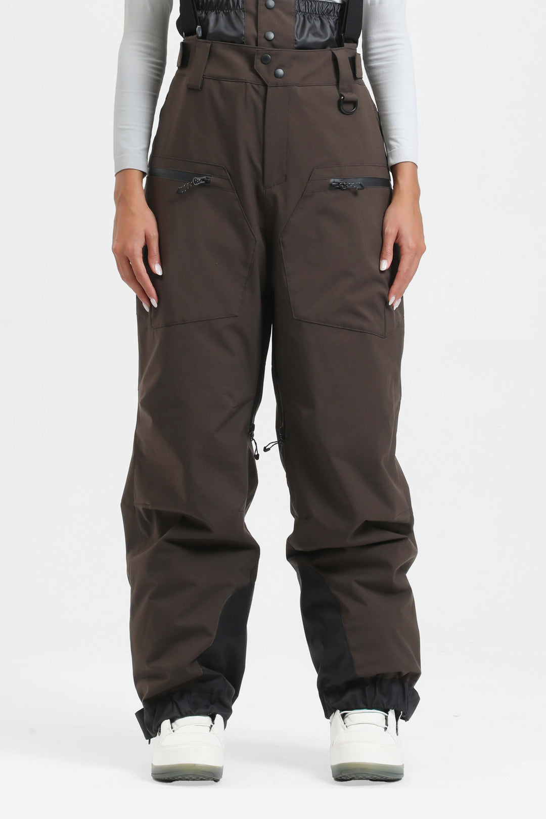 Women's Black Insulated Baggy Snow Pants With Detachable Suspenders