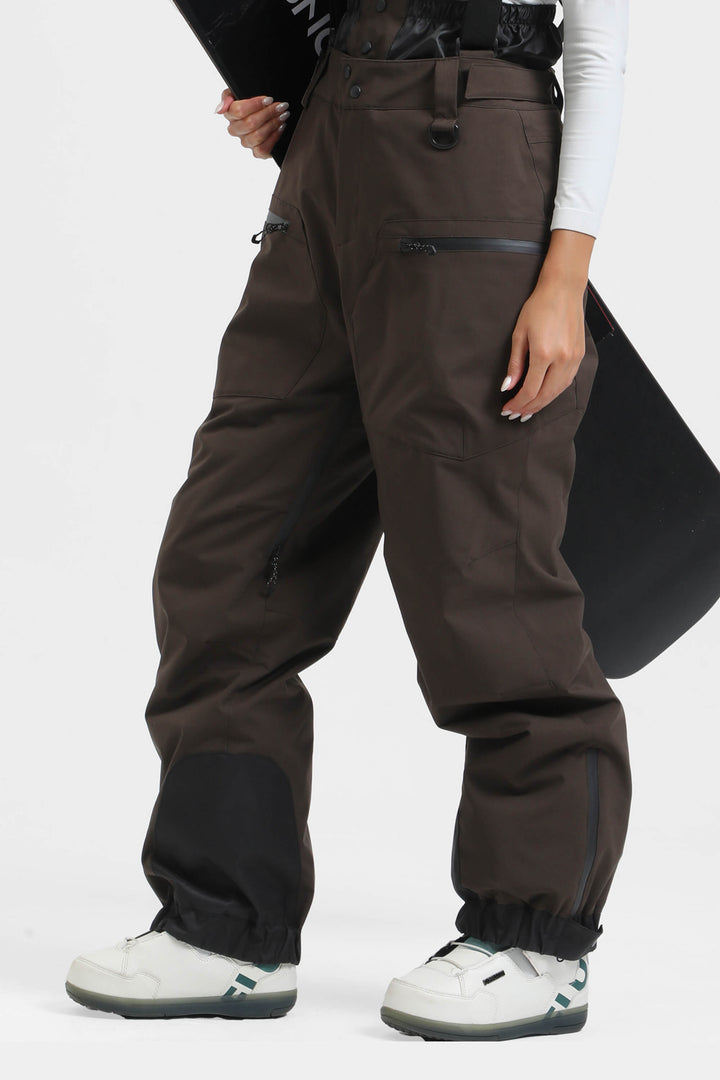 Women's White Insulated Baggy Snow Pants With Detachable Suspenders