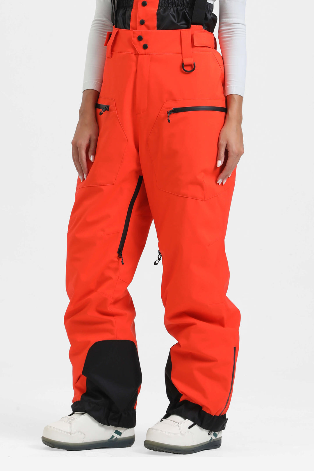 Women's White Insulated Baggy Snow Pants With Detachable Suspenders