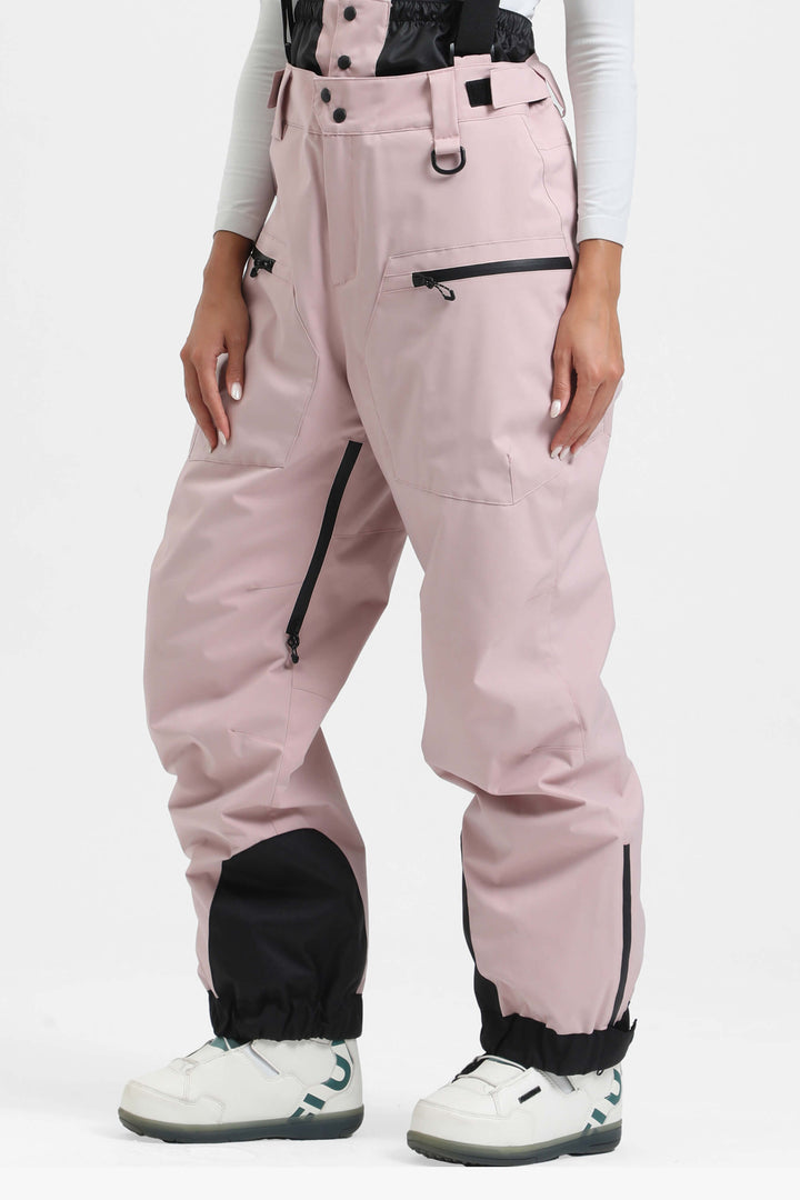 Women's Pink Insulated Baggy Snow Pants With Detachable Suspenders