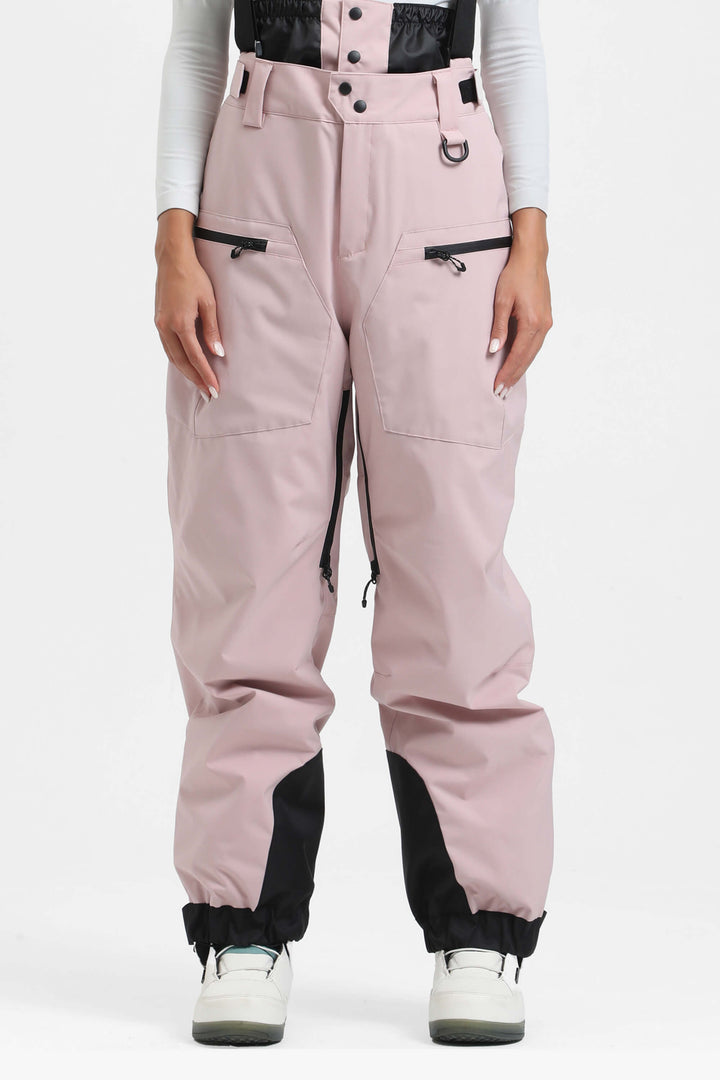 Women's Pink Insulated Baggy Snow Pants With Detachable Suspenders