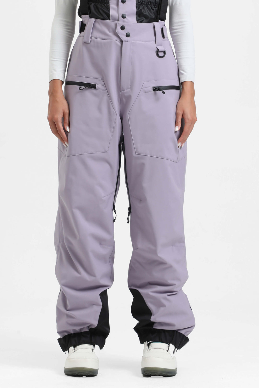 Women's Black Insulated Baggy Snow Pants With Detachable Suspenders