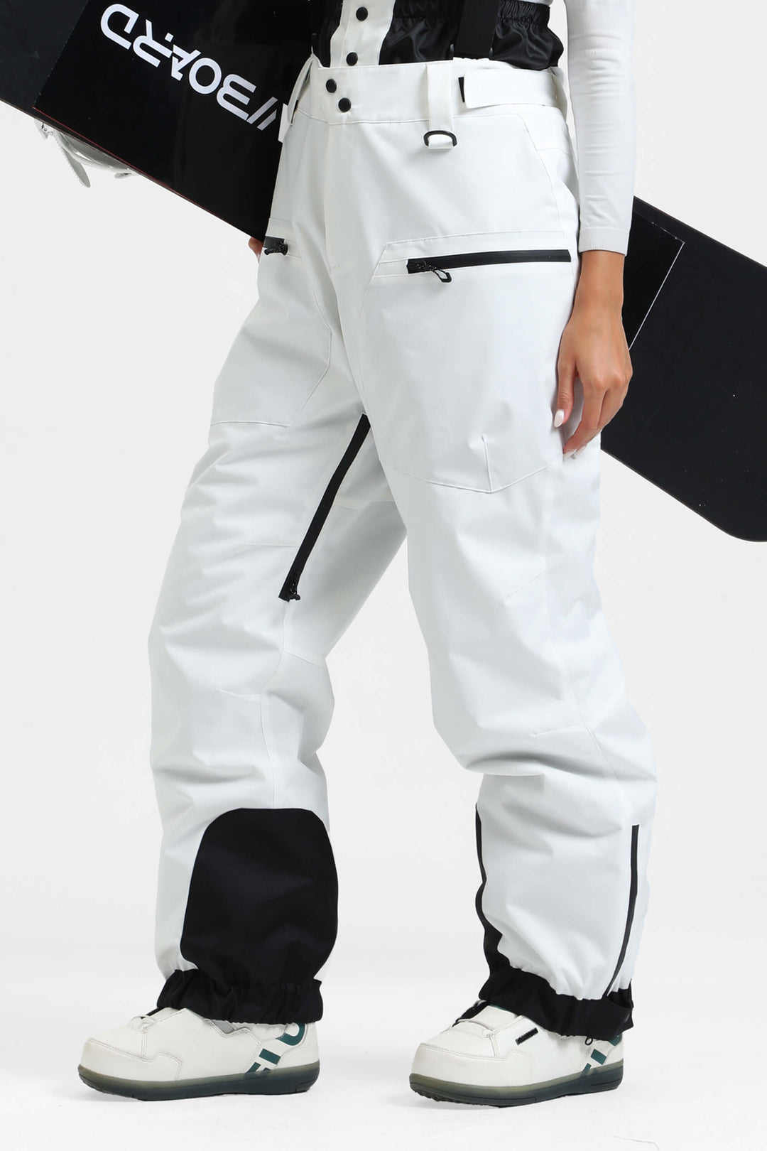 Women's Off White Insulated Baggy Snow Pants With Detachable Suspenders