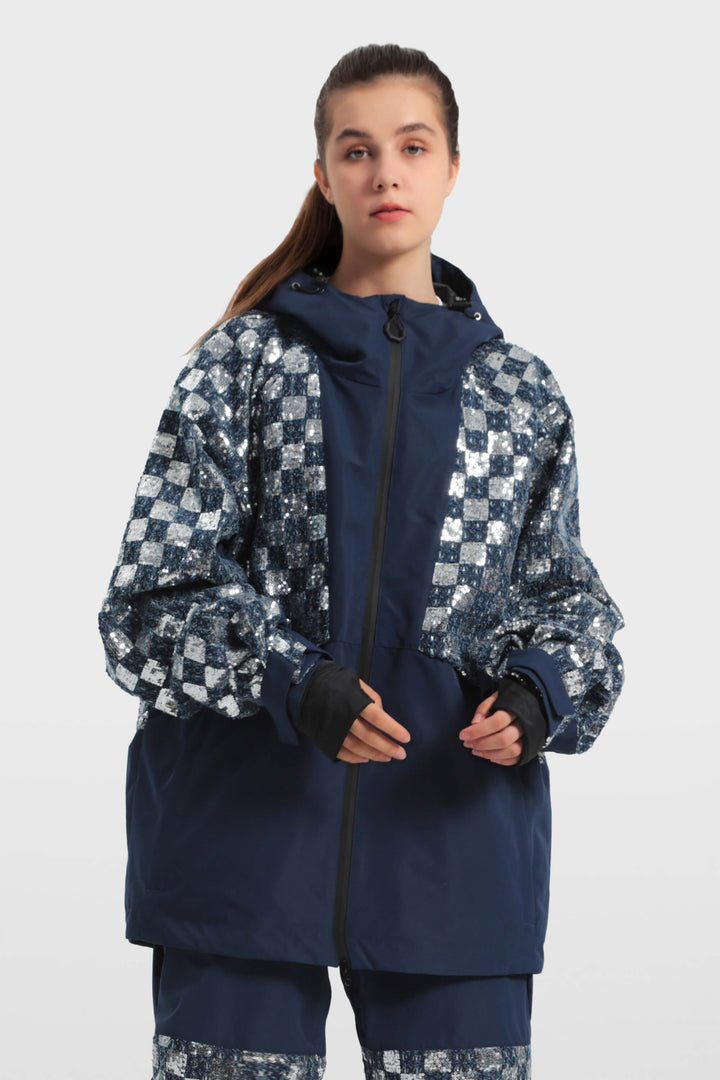 Women's Haze Blue Patchwork Sequin Relaxed Snow Jacket