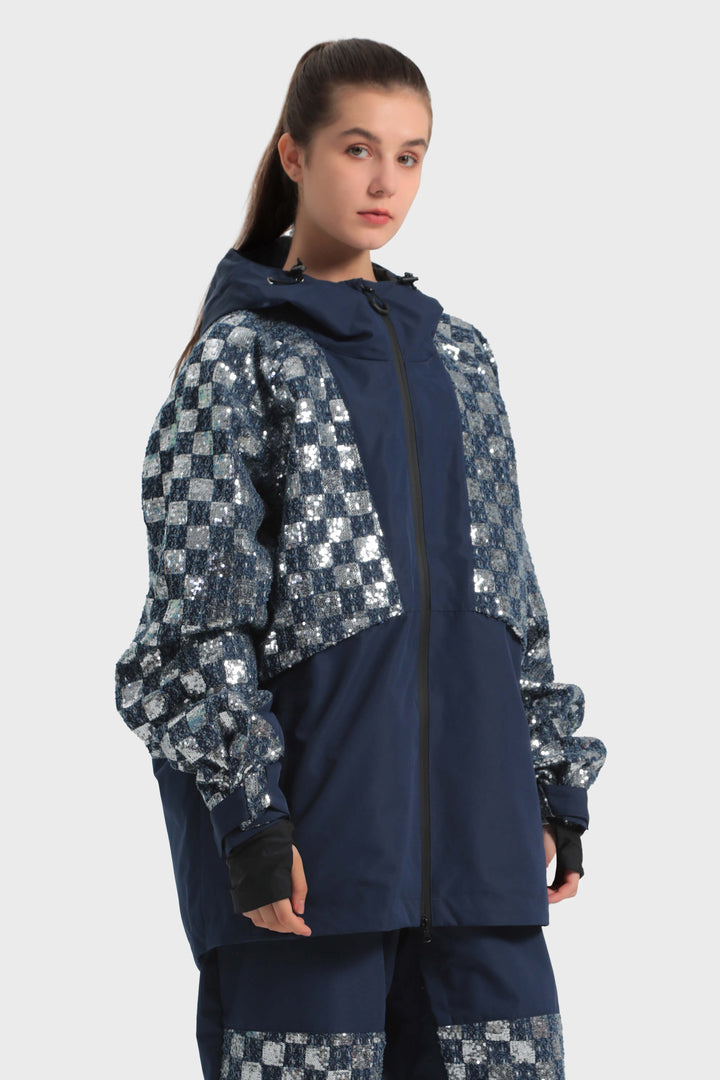 Women's Haze Blue Patchwork Sequin Relaxed Snow Jacket