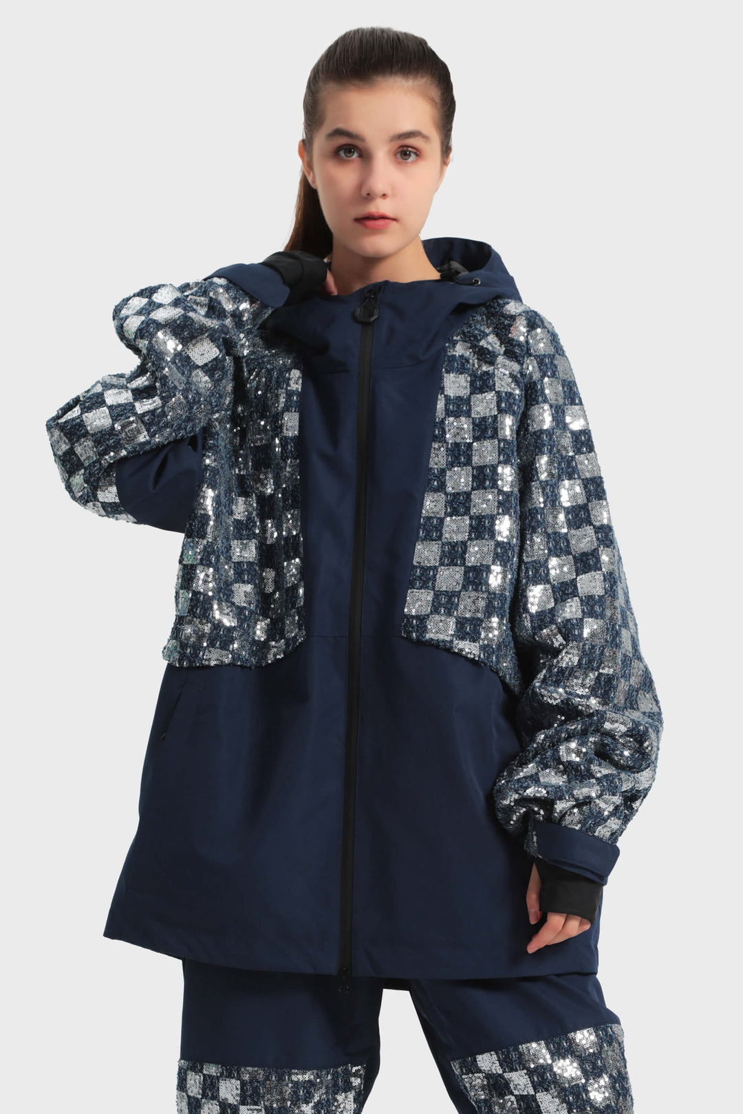 Women's Haze Blue Patchwork Sequin Relaxed Snow Jacket