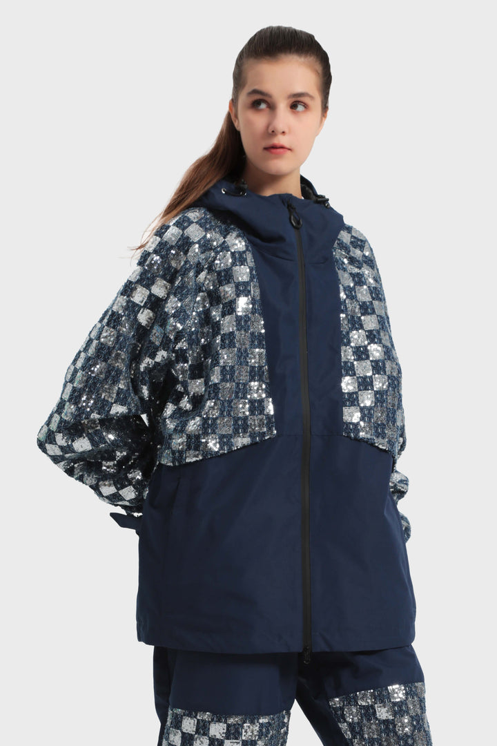 Women's Denim Blue Patchwork Sequin Relaxed Snow Jacket