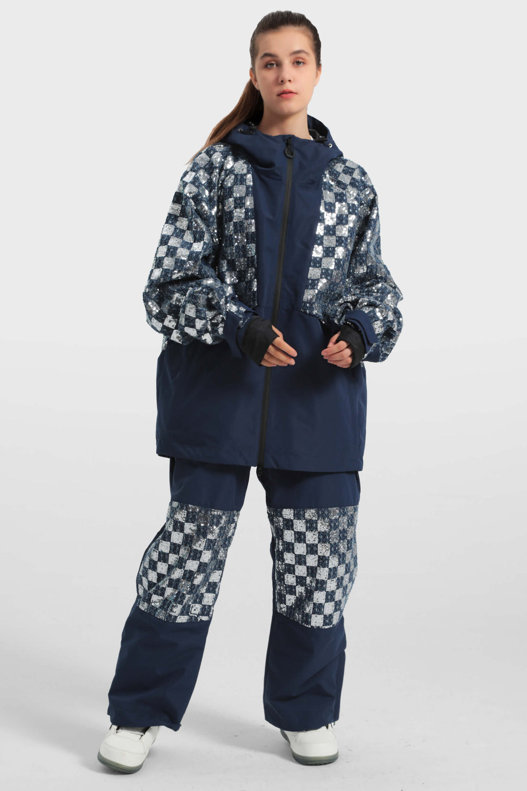 Women's Denim Blue Patchwork Sequin Relaxed Snow Jacket