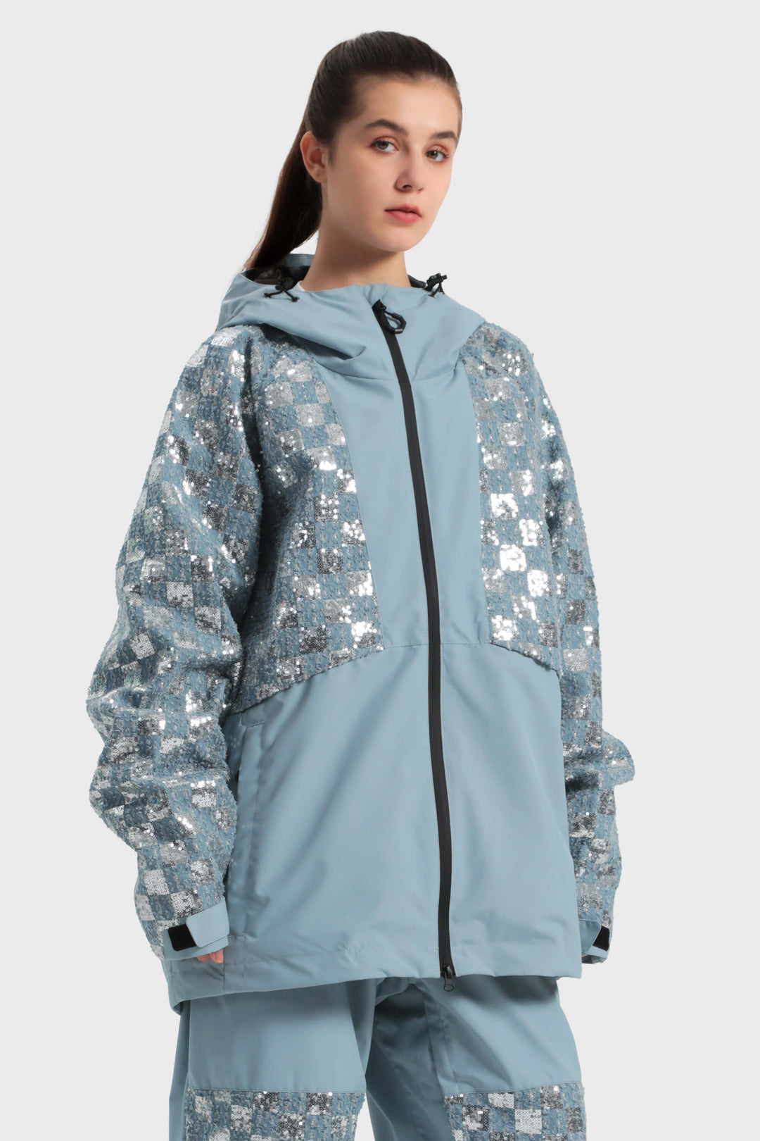 Women's Denim Blue Patchwork Sequin Relaxed Snow Jacket