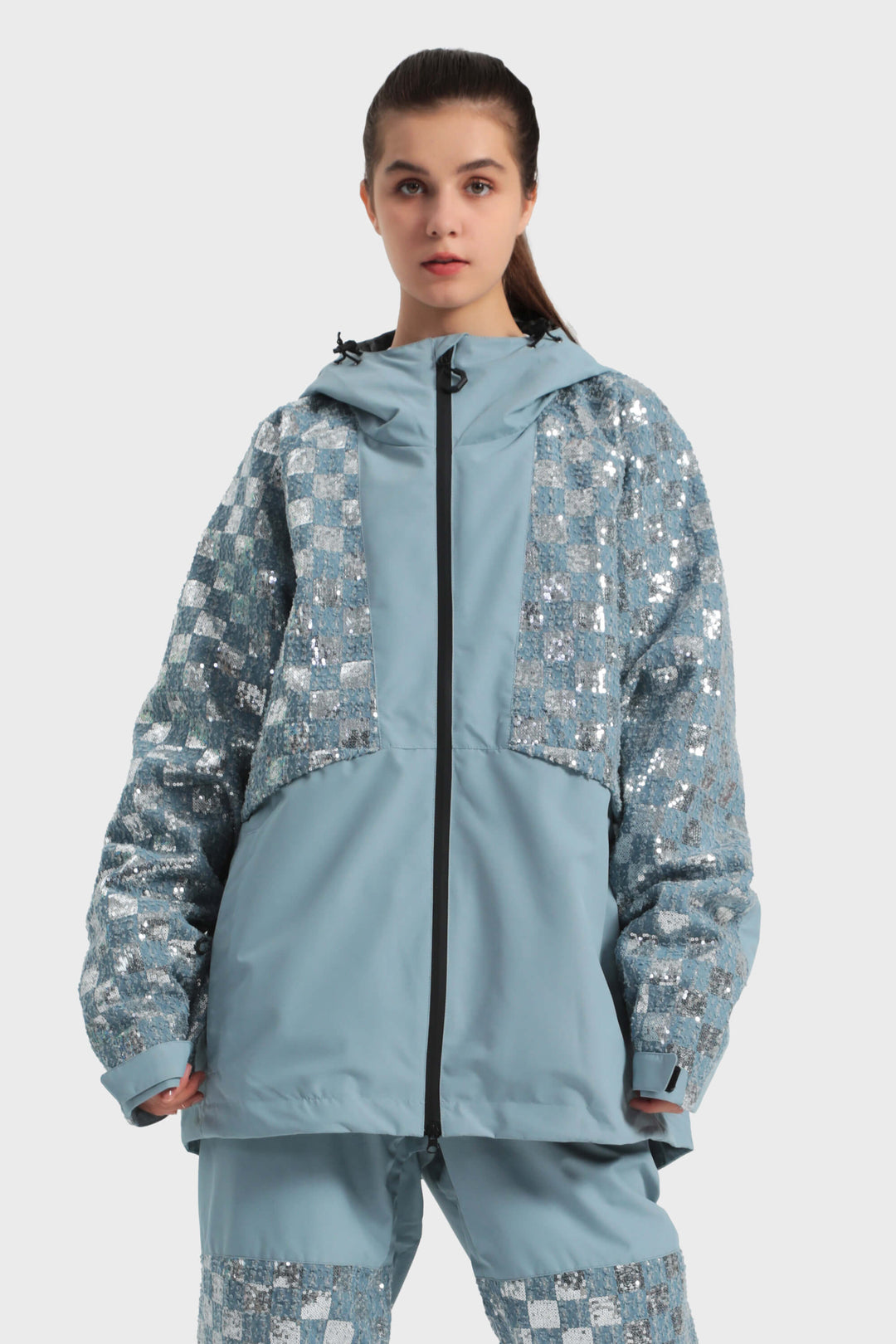 Women's Haze Blue Patchwork Sequin Relaxed Snow Jacket