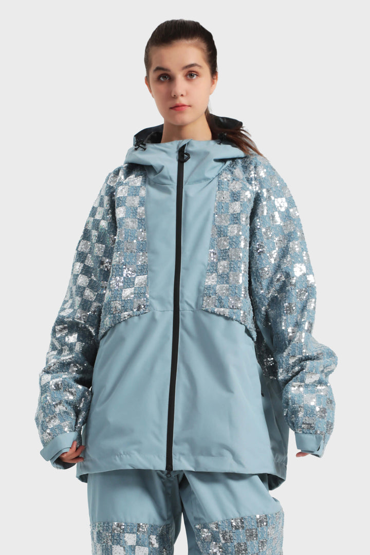 Women's Haze Blue Patchwork Sequin Relaxed Snow Jacket