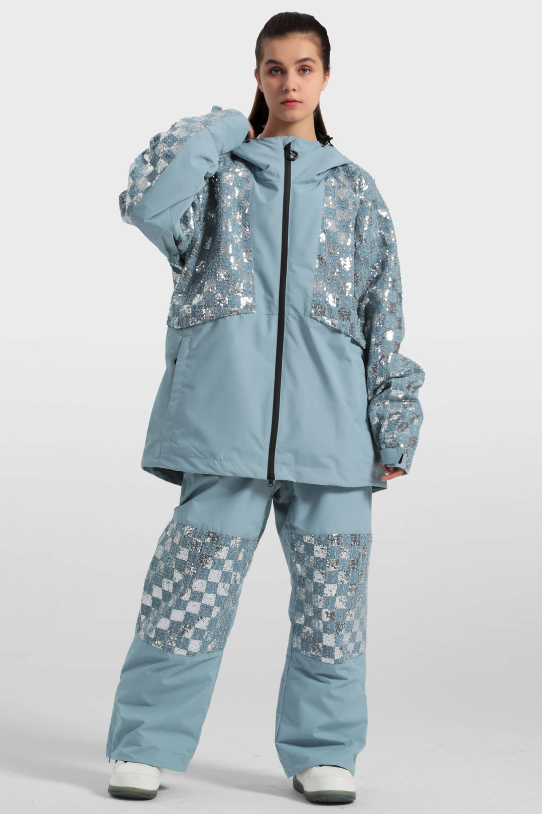 Women's Haze Blue Patchwork Sequin Relaxed Snow Jacket