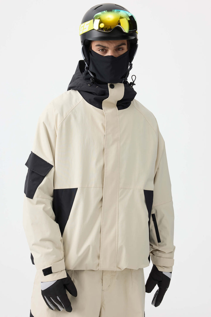 Men's Off White Raglan Sleeve Color Block Waterproof Breathable Snow Jacket