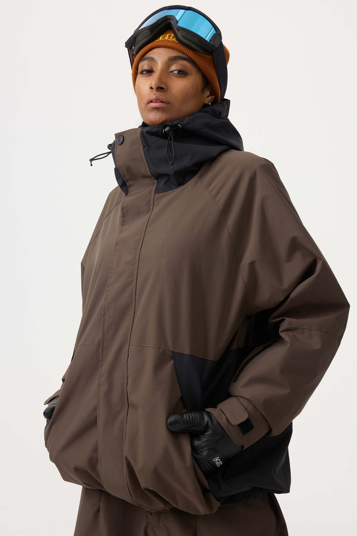 Women's Coffee Raglan Sleeve Color Block Waterproof Breathable Snow Jacket