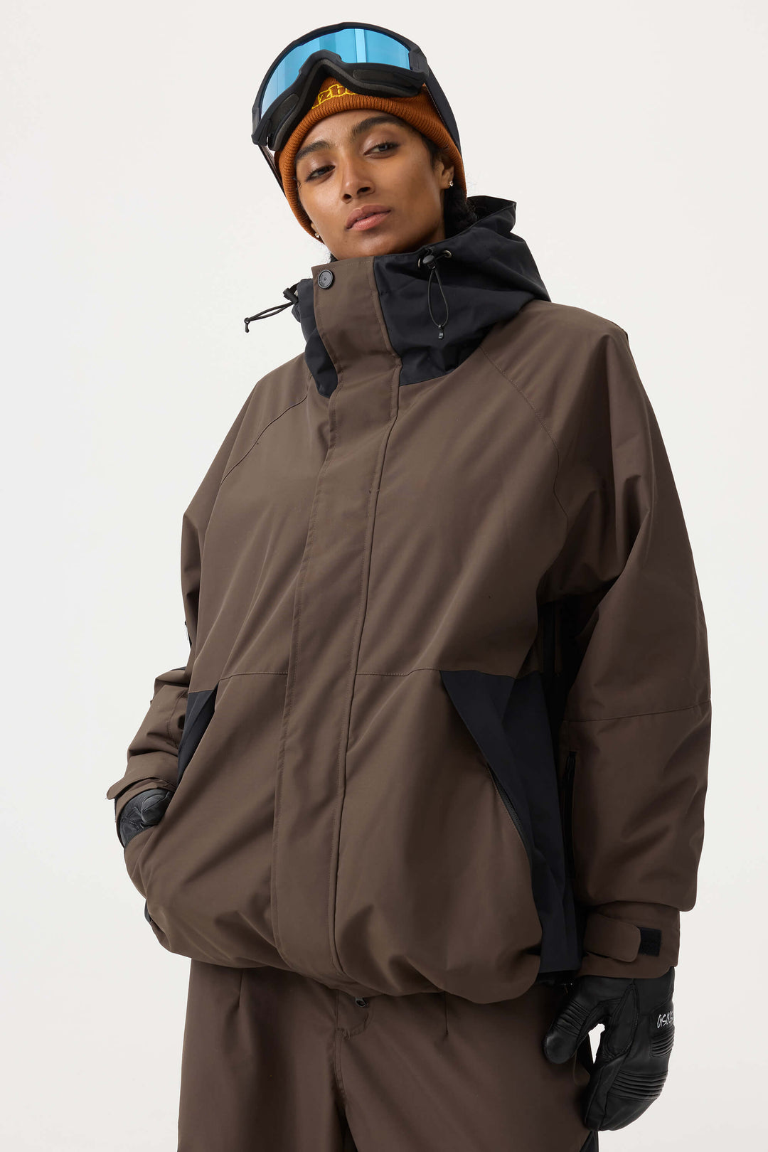 Women's Coffee Raglan Sleeve Color Block Waterproof Breathable Snow Jacket