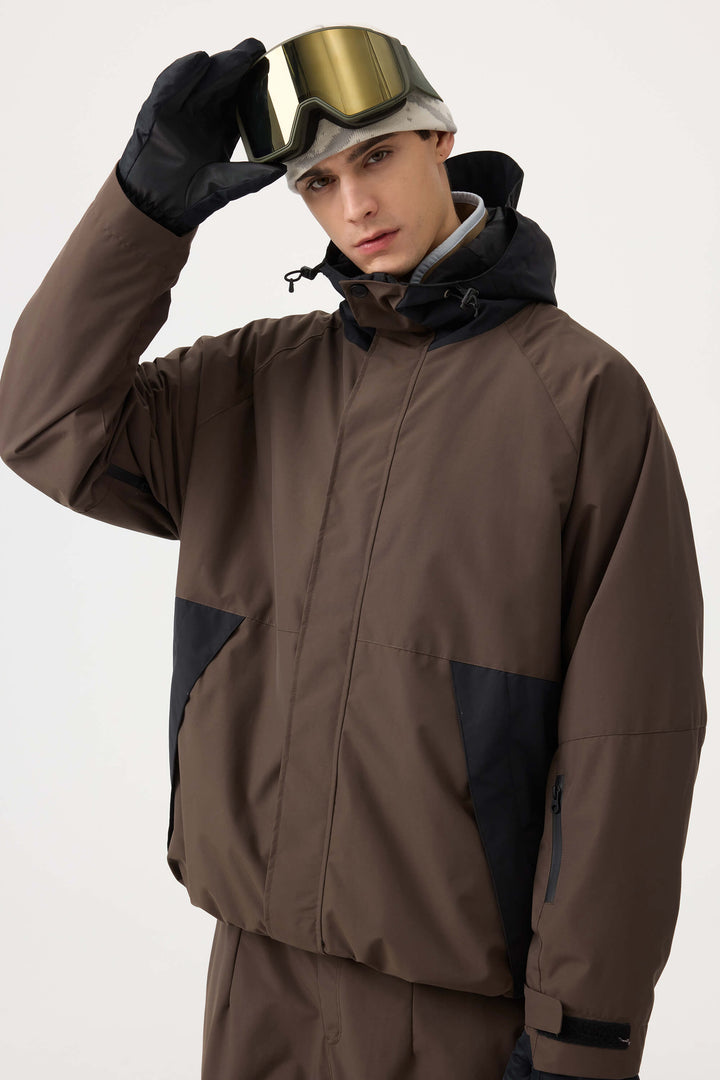 Men's Coffee Raglan Sleeve Color Block Waterproof Breathable Snow Jacket