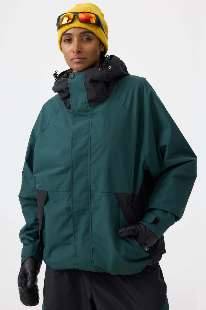 Women's Dark Green Raglan Sleeve Color Block Waterproof Breathable Snow Jacket