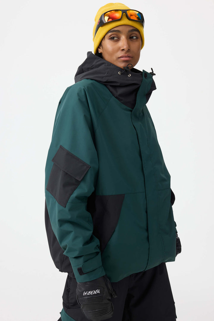 Women's Dark Green Raglan Sleeve Color Block Waterproof Breathable Snow Jacket