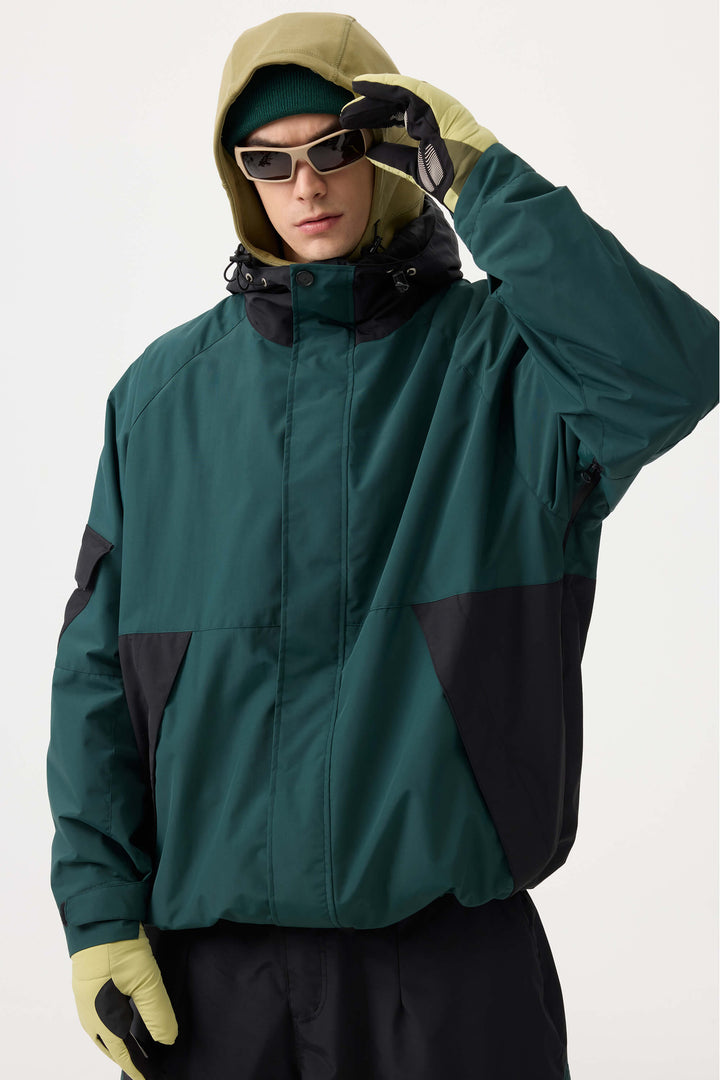 Men's Dark Green Raglan Sleeve Color Block Waterproof Breathable Snow Jacket