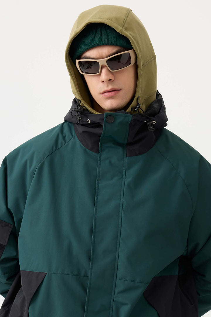 Men's Dark Green Raglan Sleeve Color Block Waterproof Breathable Snow Jacket