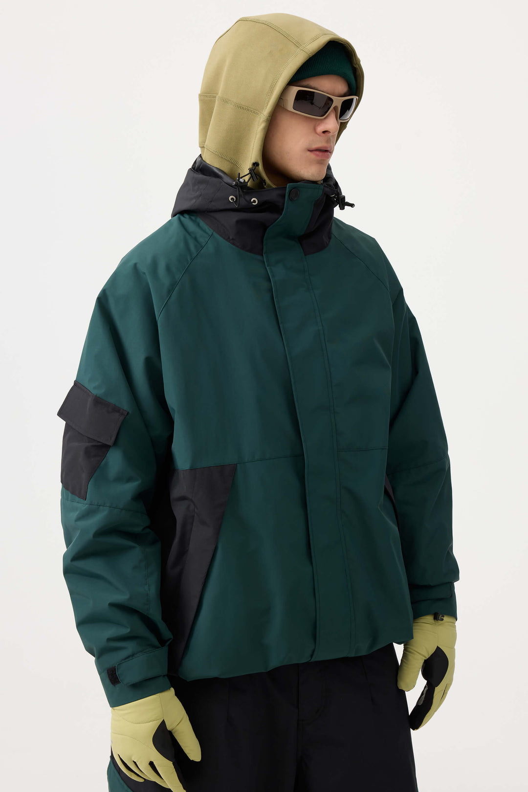 Men's Dark Green Raglan Sleeve Color Block Waterproof Breathable Snow Jacket