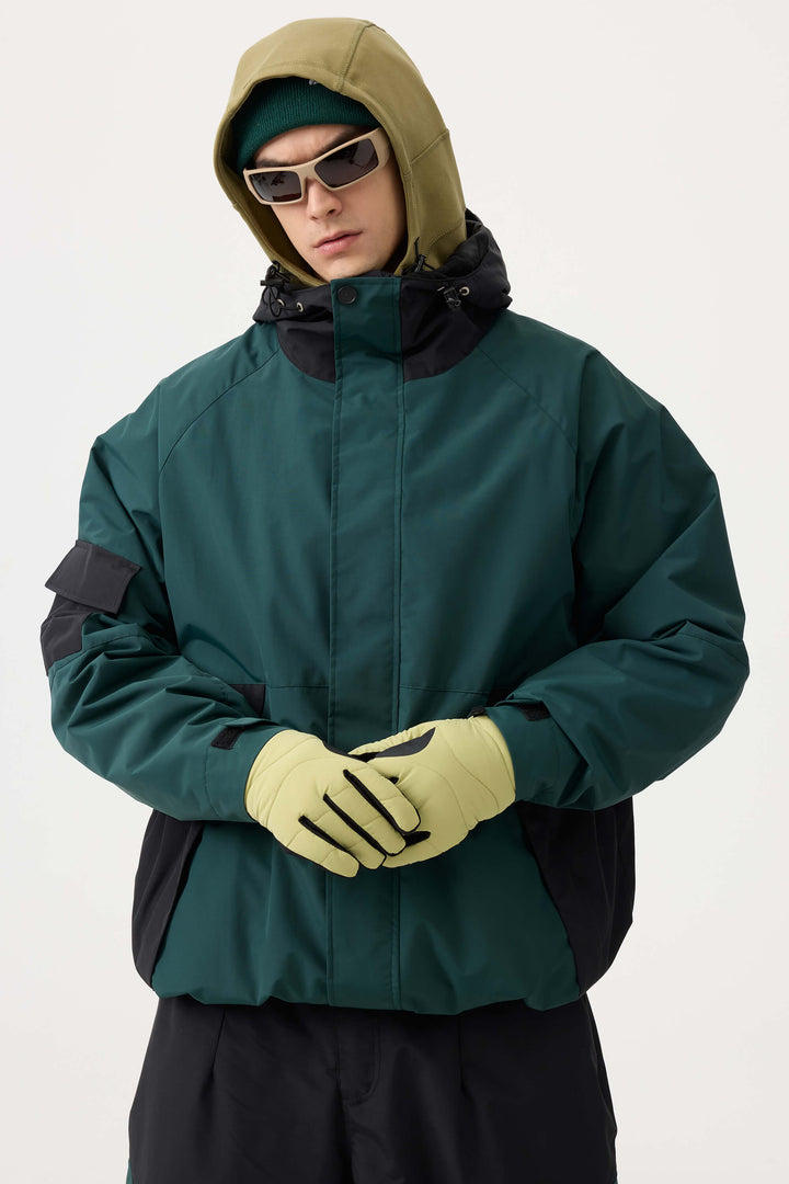 Men's Dark Green Raglan Sleeve Color Block Waterproof Breathable Snow Jacket