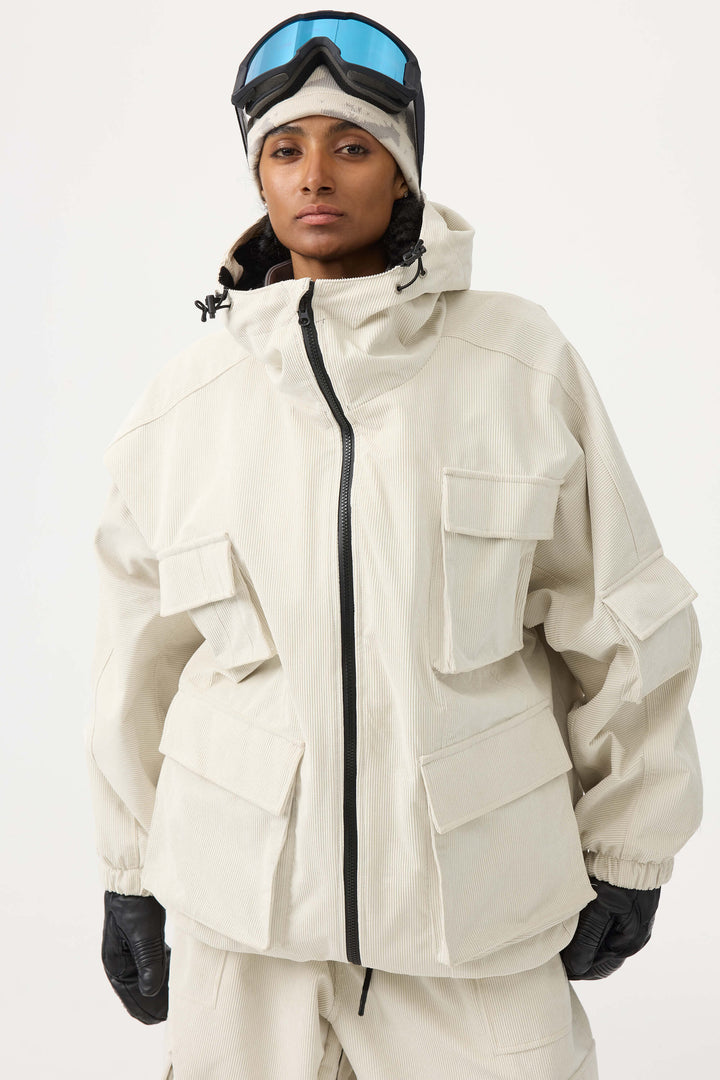 Women's Off White Waterproof Corduroy Batwing Sleeve Large Pocket Snow Jacket