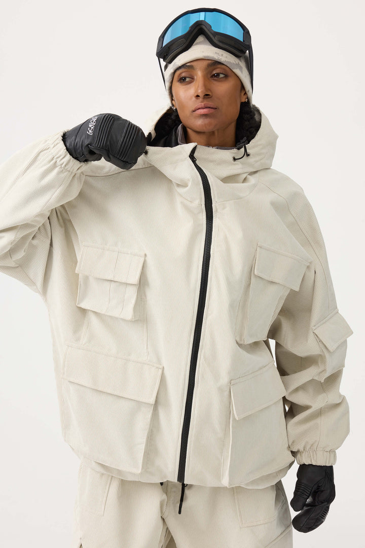 Women's Off White Waterproof Corduroy Batwing Sleeve Large Pocket Snow Jacket