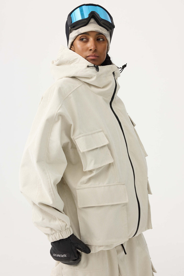 Women's Off White Waterproof Corduroy Batwing Sleeve Large Pocket Snow Jacket