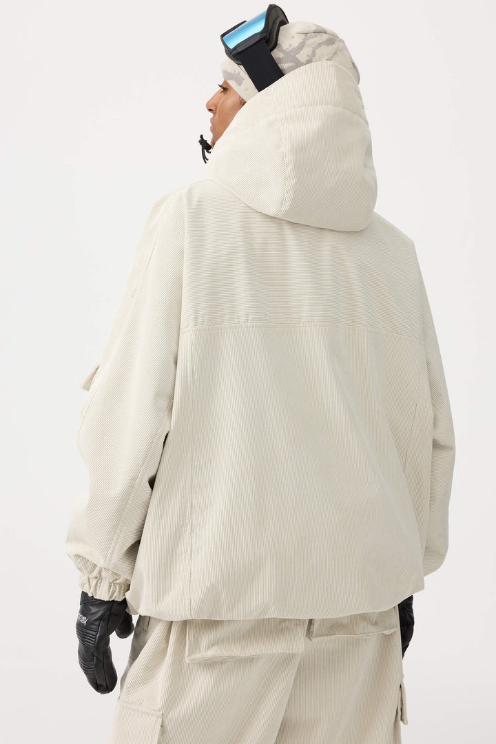 Women's Off White Waterproof Corduroy Batwing Sleeve Large Pocket Snow Jacket