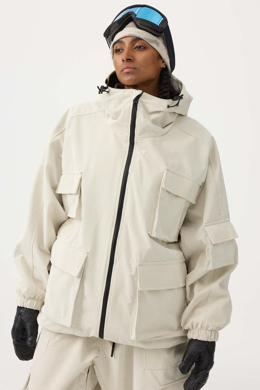 Women's Off White Waterproof Corduroy Batwing Sleeve Large Pocket Snow Jacket