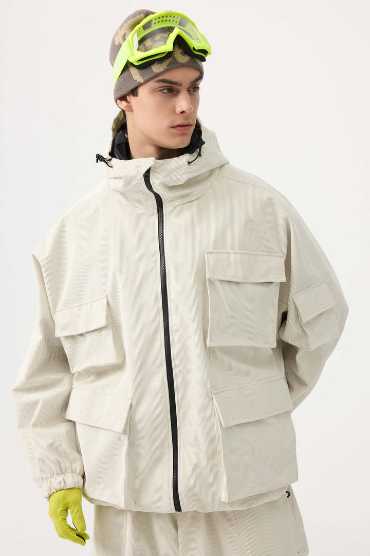 Men's Off White Waterproof Corduroy Batwing Sleeve Large Pocket Snow Jacket