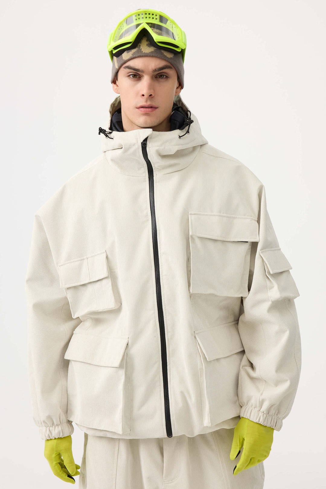 Men's Off White Waterproof Corduroy Batwing Sleeve Large Pocket Snow Jacket