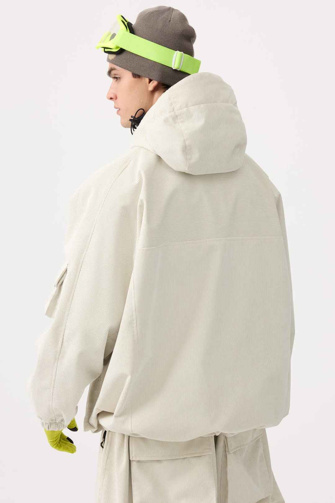 Men's Off White Waterproof Corduroy Batwing Sleeve Large Pocket Snow Jacket