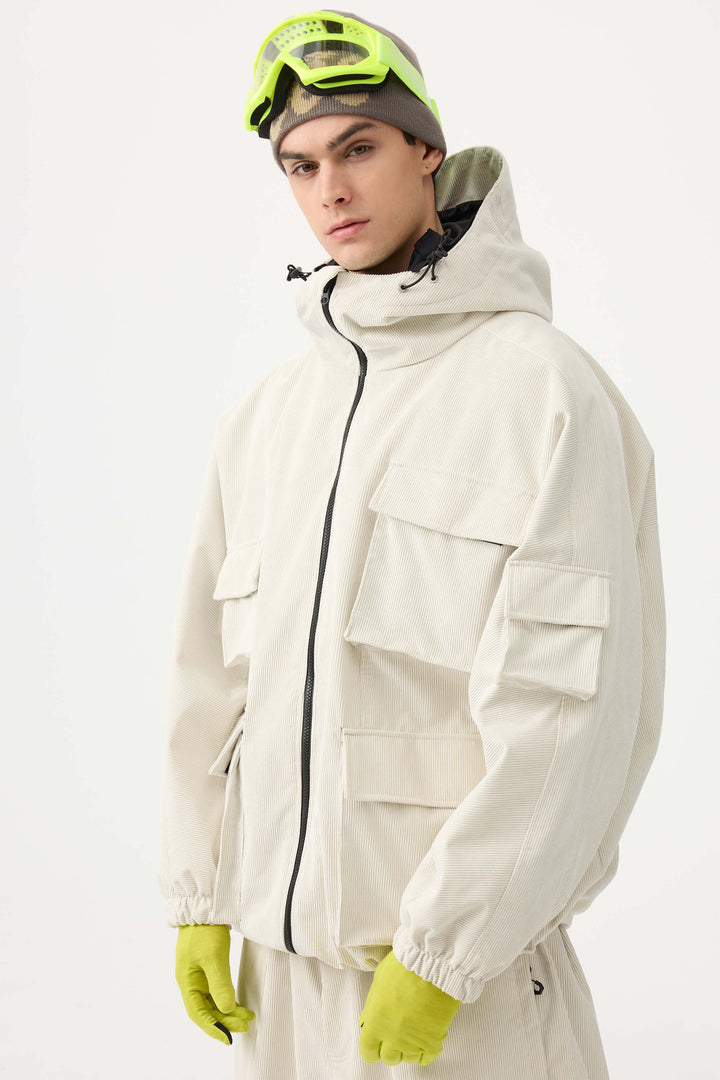 Men's Off White Waterproof Corduroy Batwing Sleeve Large Pocket Snow Jacket